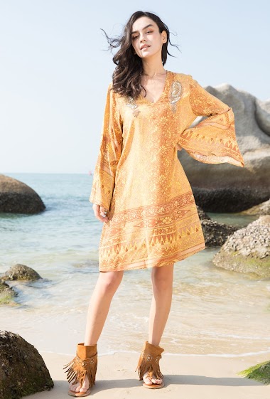 Wholesaler Last Queen - Bohemian print tunic dress with embroidery