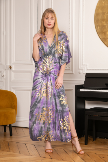 Wholesaler Last Queen - Tie and dye dress with gold print, V neckline