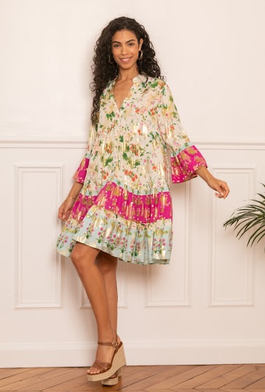 Tunic dress with ruffled bohemian print with gold effect