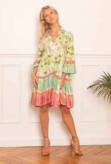 Tunic dress with ruffled bohemian print with gold effect