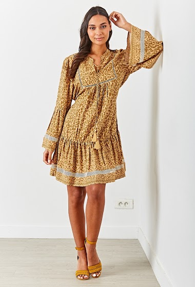 Bohemian print tunic dress with bells adorned cord