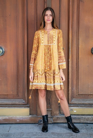Wholesaler Last Queen - Bohemian print tunic dress with bells adorned cord