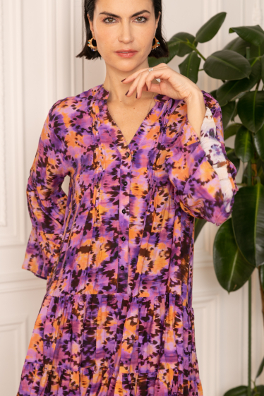 Wholesaler Last Queen - Printed tunic dress, buttoned in front, flared cut with gathers