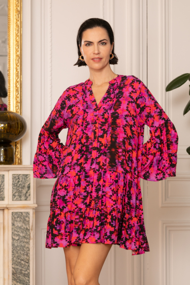 Wholesaler Last Queen - Printed tunic dress, buttoned in front, flared cut with gathers
