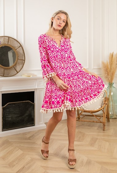 Wholesaler Last Queen - Embroidered Seashell Print Pompom Tunic Dress