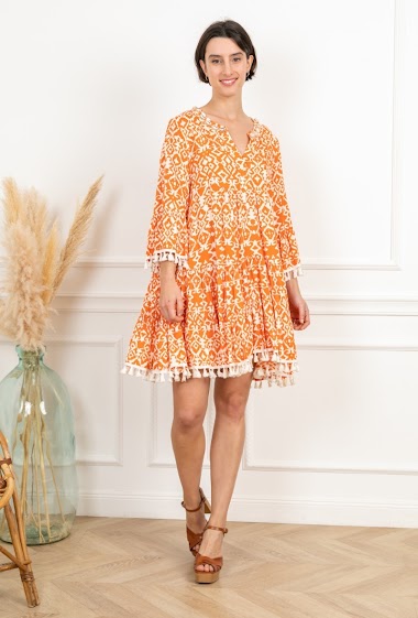 Wholesaler Last Queen - Embroidered Seashell Print Pompom Tunic Dress