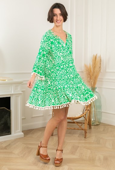 Wholesaler Last Queen - Printed tunic dress embroidered with shells with pompoms