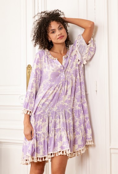 Printed tunic dress embroidered with shells with pompoms