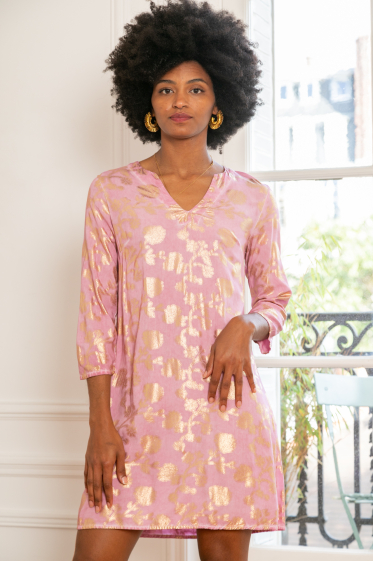 Wholesaler Last Queen - Gold print tunic dress, V neck with 3/4 sleeves