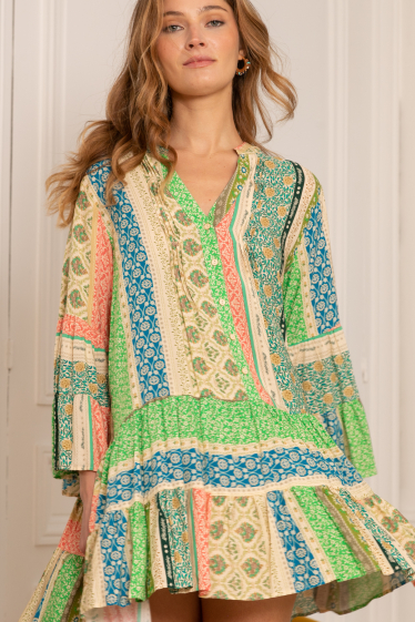 Wholesaler Last Queen - Ethnic print tunic dress buttoned in front, flared cut with gathers