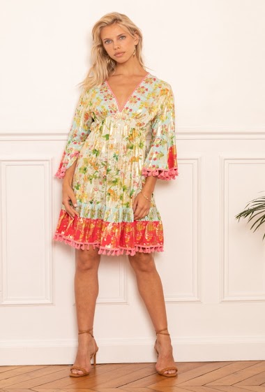 V-neck tassel floral print tunic dress with gold effect