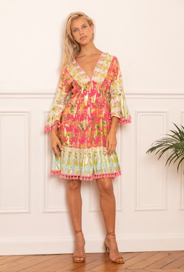 V-neck tassel floral print tunic dress with gold effect
