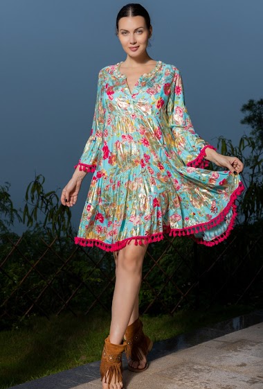 Wholesaler Last Queen - Shell-embroidered tunic dress with pompom and gold effect