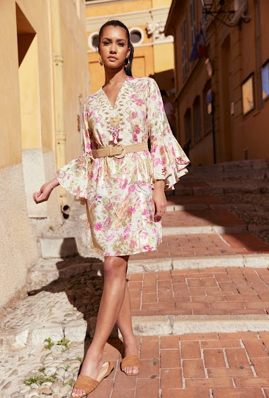 Wholesaler Last Queen - V-neck tunic dress printed with gilding effect with hand embroidery