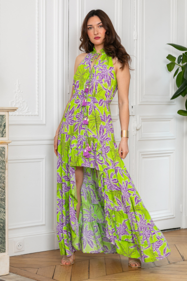 Großhändler Last Queen - Asymmetrisches Kleid mit tropischem Aufdruck, ausgestellter Schnitt mit Bändern zum Binden