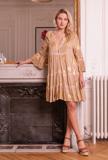 Wholesaler Last Queen - Flared tunic dress with gold effect print, V-neck
