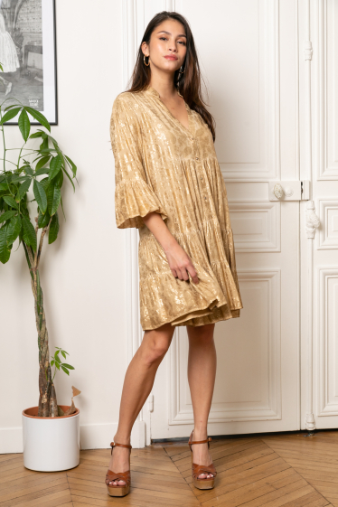 Wholesaler Last Queen - Printed flared tunic dress with gold effect