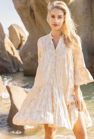 Flared V-neck tunic dress printed with gold effect