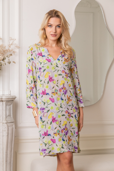 Wholesaler Last Queen - Flowy tunic dress with print, V-neck, 3/4 sleeves