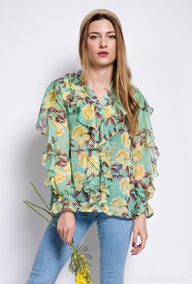 Wholesaler Last Queen - Bohemian print button-down shirt top with ruffles and V-neck