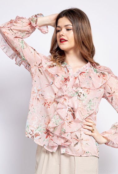Wholesaler Last Queen - Bohemian print button-down shirt top with ruffles and V-neck