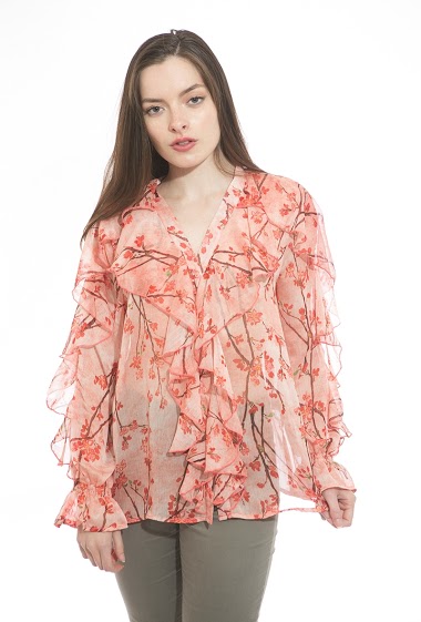 Bohemian print button-down shirt top with ruffles and V-neck