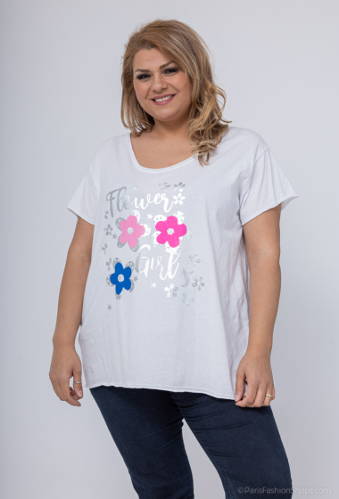Großhändler LAURA PARIS (MKL) - Leichtes Baumwoll-T-Shirt mit „Flower Girls“-Aufdruck