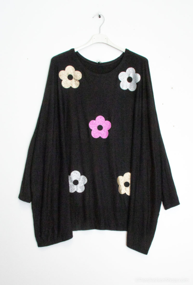 Wholesaler LAURA PARIS (MKL) - Soft round-neck sweater with multicolor glitter daisies