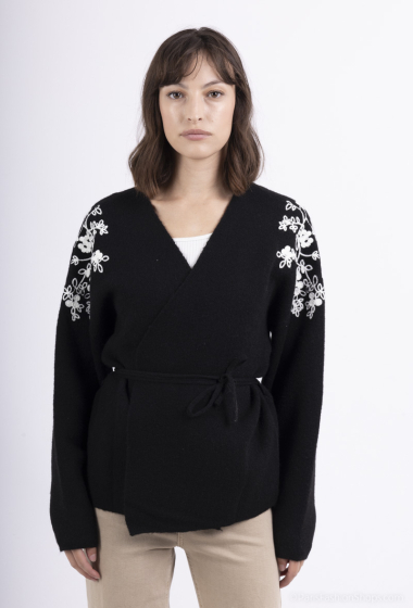 Wholesaler Les Bonnes Copines - Belted cardigan and floral embroidery