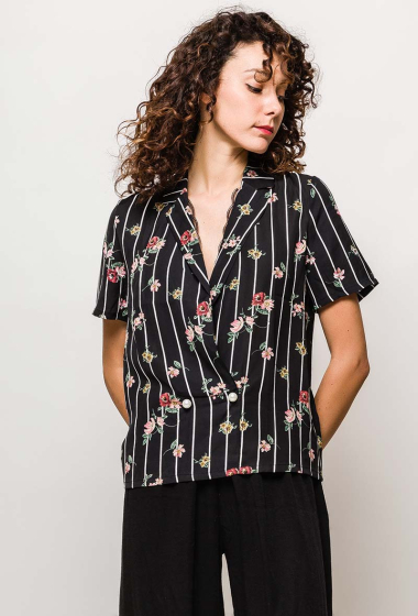 Wholesaler Les Bons Imprimés - Striped blouse with flowers and lace border