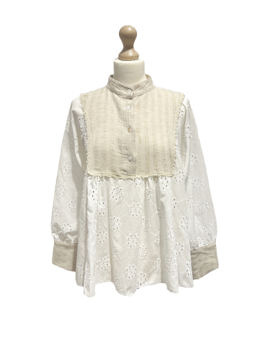 Wholesaler L'ESSENTIEL - English Embroidery Blouse with Bi-material Sleeve Collar