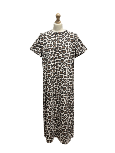 Großhändler L'ESSENTIEL - Langes Kleid mit Leopardenmuster, Schulterdetails und Schlitzen