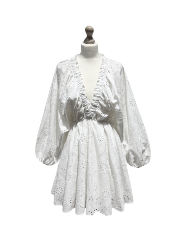 Großhändler L'ESSENTIEL - RAPHY-Kleid mit englischer Stickerei, rauchfarben, V-Kragen, elastisch, weite Ärmel