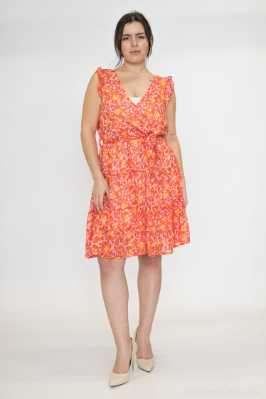 Großhändler Lilie Plus - Kurzes Kleid mit Blumenmuster in Orange und Rosa in Übergröße