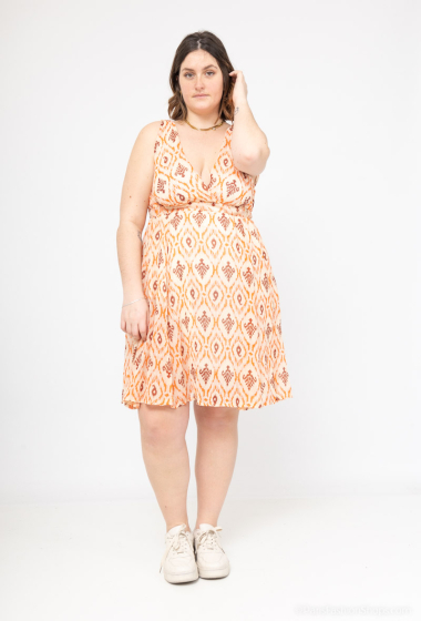Großhändler Lilie Plus - Kurzes Kleid mit orangefarbenem Ikat-Muster in Übergröße