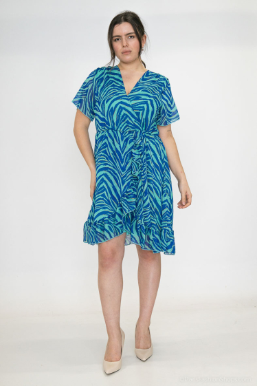 Wholesaler Lilie Plus - Plus Size Blue and Green Zebra Pattern Wrap Short Dress