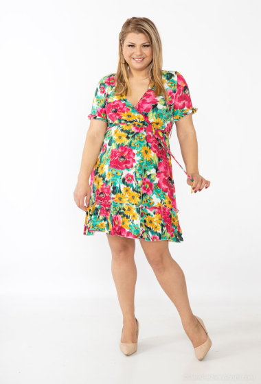 Großhändler Lilie Plus - Buntes, kurzes Kleid mit Blumenmuster in Übergröße