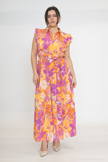 Wholesaler Lilie Plus - Plus Size Yellow and Pink Tropical Print Maxi Dress