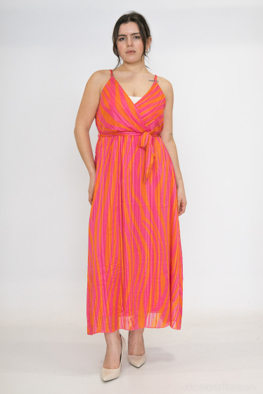 Mayorista Lilie Plus - Vestido largo de rayas onduladas en rosa fuerte y naranja talla grande