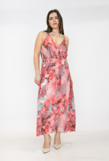 Großhändler Lilie Plus - Langes Kleid mit dünnen Trägern und großem Aquarelldruck