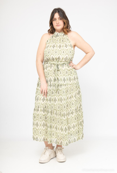 Großhändler Lilie Plus - Langes Kleid mit grünem Ikat-Print in Übergröße
