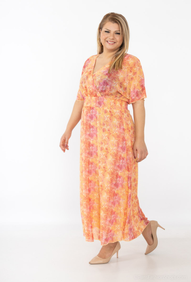 Großhändler Lilie Plus - Langes Kleid mit mehrfarbigem Blätterdruck in Übergröße