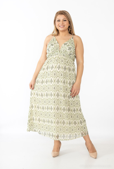 Großhändler Lilie Plus - Langes ärmelloses Kleid mit grünem Ikat-Print, Übergröße