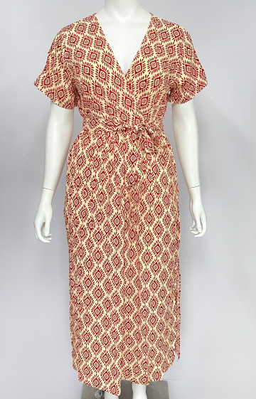 Grossiste Lilie Plus - Robe en coton longue avec manches courtes et motif géométrique grande taille