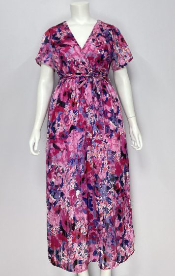 Grossiste Lilie Plus - Robe longue à manches courtes avec un imprimé floral vibrant grande taille