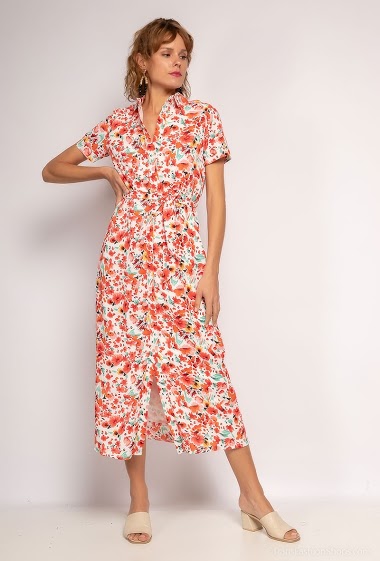 Grossiste Lilie Rose - Longue robe chemise à motif fleurs