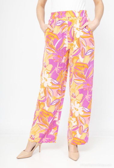 Grossiste Lilie Rose - Pantalon à taille élastique avec un motif floral jaune, rose et violet