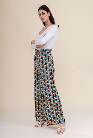 Großhändler Lilie Rose - weite und fließende Hose mit aufgedrucktem Muster aus Palmwedeln