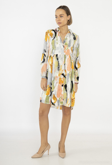 Grossiste Lilie Rose - robe chemisier courte avec un motif abstrait multicolore.
