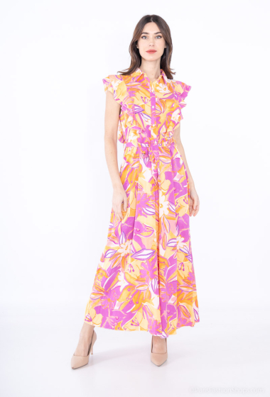 Wholesaler Lilie Rose - Yellow and pink tropical print maxi dress